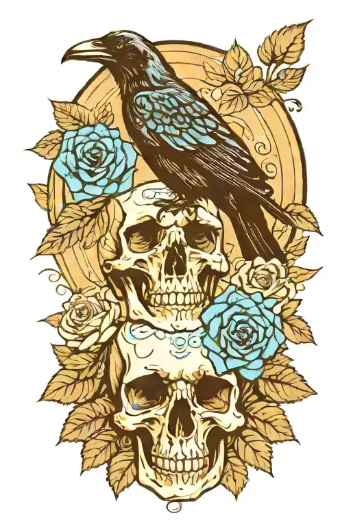 raven on skull with blue roses tattoo design idea