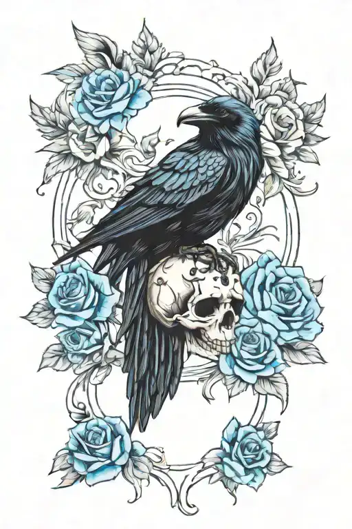 raven wearing crown with blue rose and skull tattoo design idea