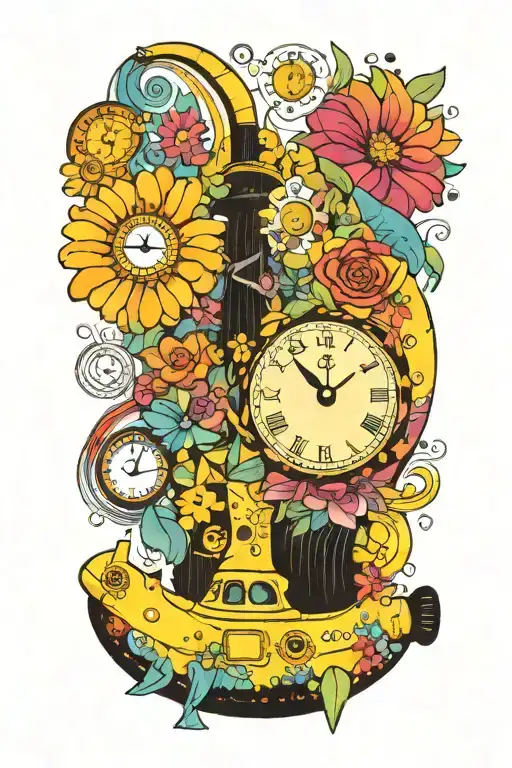 yellow submarine with colorful flowers and clock and rainbow  tattoo design idea