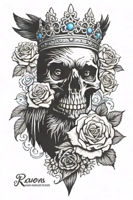 raven wearing crown with blue rose and skull tattoo design idea