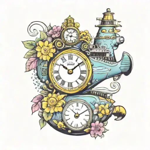 yellow submarine with colorful flowers and clock tattoo design idea