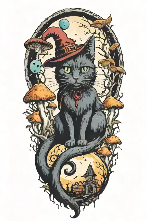 witch cat with moon and colorful mushrooms  tattoo design idea