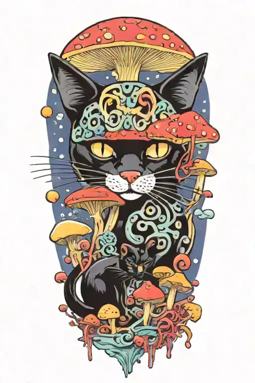black cat with 3 eyes and trippy colorful mushrooms with moon melting  tattoo design idea