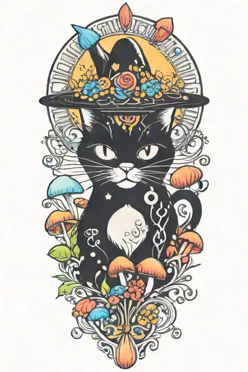 black cat with 3 eye balls and trippy colorful mushrooms with moon melting  tattoo design idea