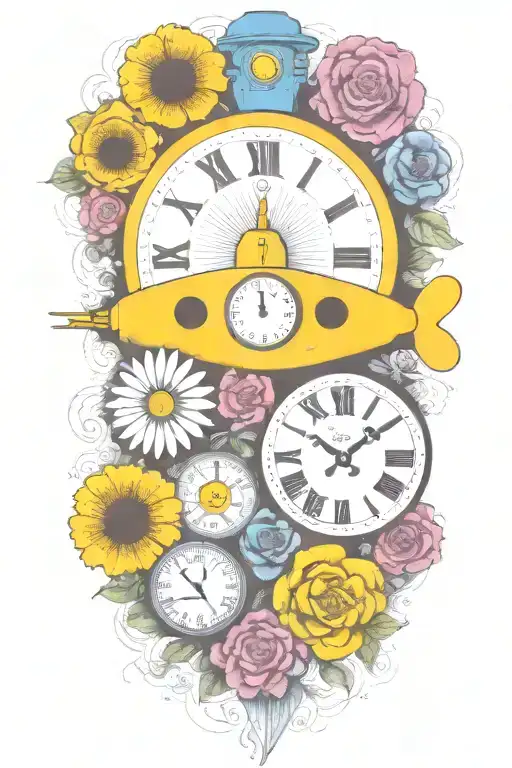 yellow submarine with colorful flowers and clock and rainbow  tattoo design idea