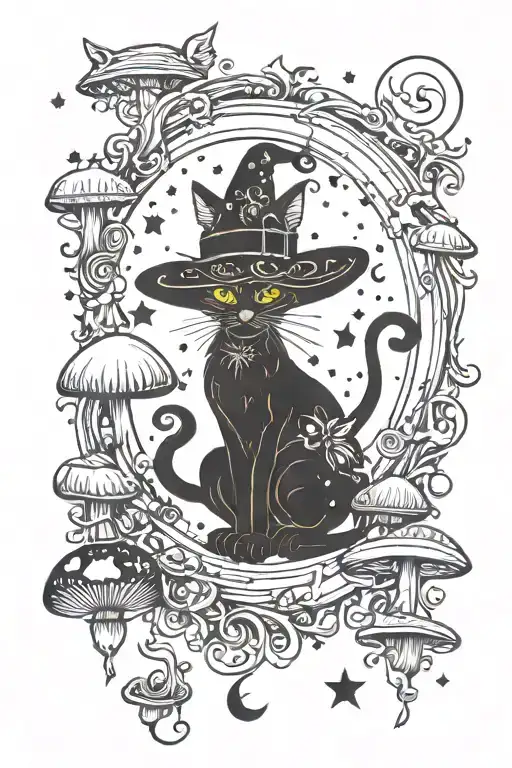 witch cat with moon and stars and colorful mushrooms trippy  tattoo design idea