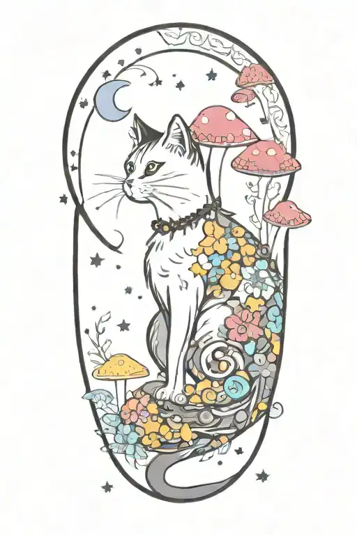 black cat with colorful mushrooms and crescent moon and clouds and stars tattoo design idea