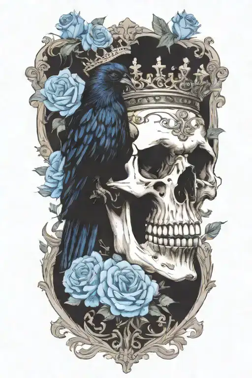 skull wearing crown with raven on and blue roses intertwined tattoo design idea