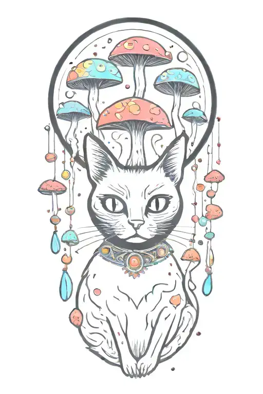 black cat with 3 eye balls and trippy colorful mushrooms with moon melting  tattoo design idea