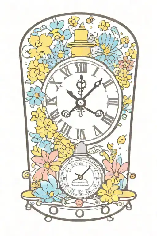 yellow submarine with colorful flowers and clock and rainbow  tattoo design idea