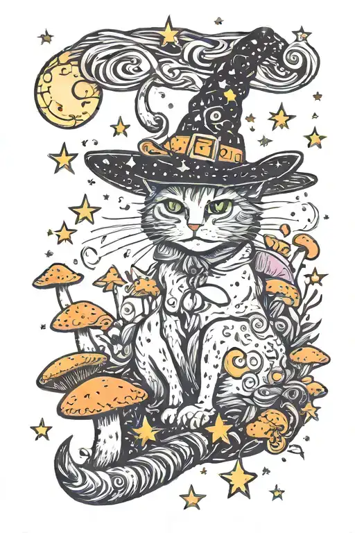 witch cat with moon and stars and colorful mushrooms trippy  tattoo design idea