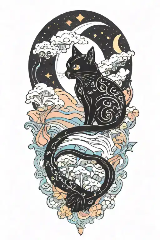black cat with colorful mushrooms and crescent moon and clouds and stars melting  tattoo design idea