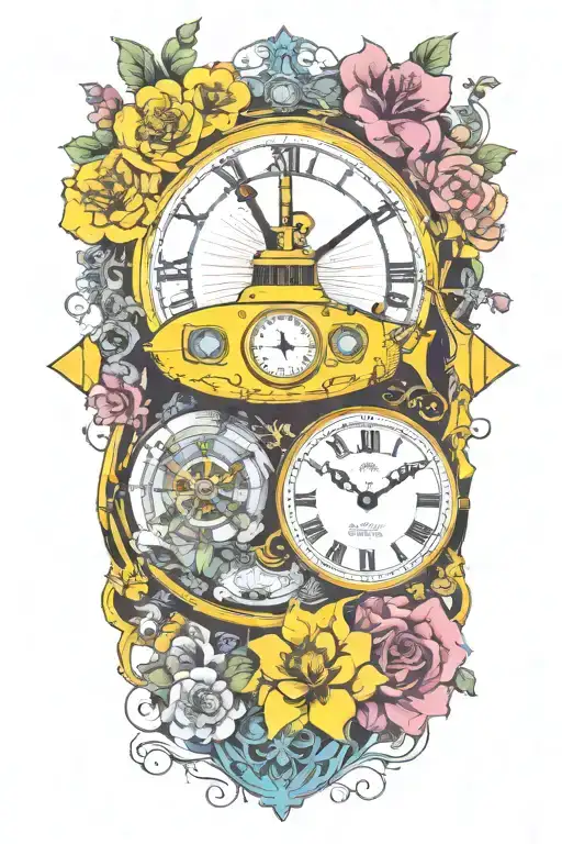 yellow submarine with colorful flowers and clock and rainbow  tattoo design idea