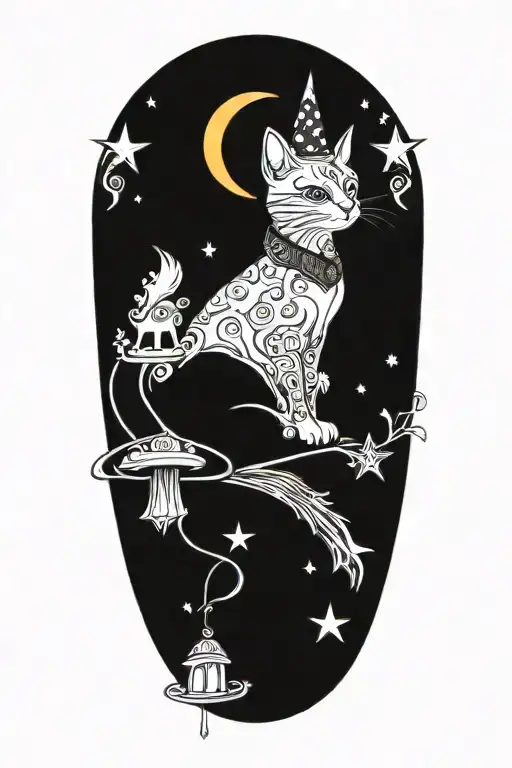 witch cat with moon and stars and colorful mushrooms and bats tattoo design idea