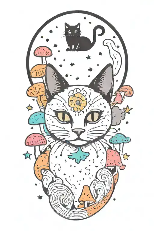 black cat with 3 eyes with colorful mushrooms and crescent moon and clouds and stars tattoo design idea