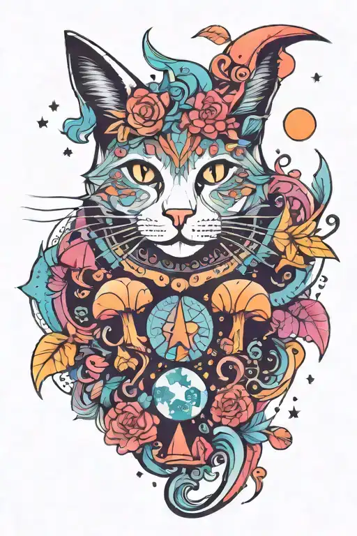 witch cat with moon and stars and colorful mushrooms trippy  tattoo design idea