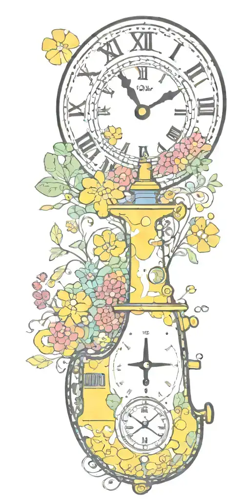 yellow submarine with colorful flowers and clock and rainbow  tattoo design idea
