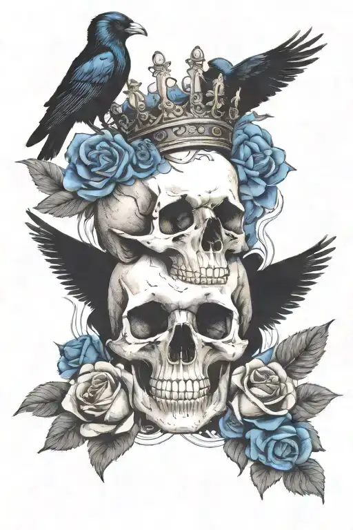 skull wearing crown with raven on headand blue roses intertwined tattoo design idea