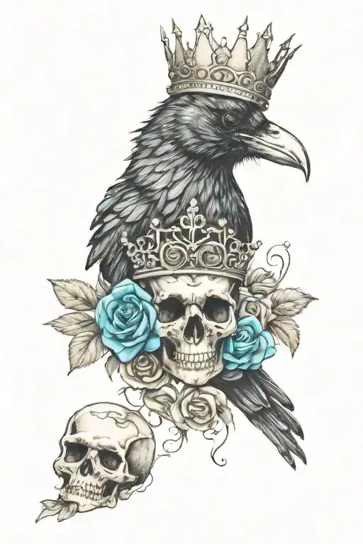 raven wearing crown with blue rose and skull tattoo design idea
