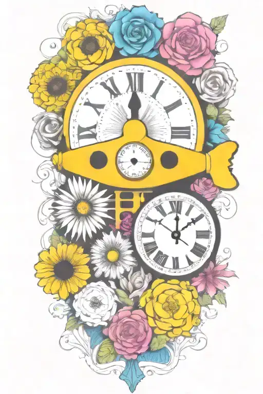 yellow submarine with colorful flowers and clock and rainbow  tattoo design idea