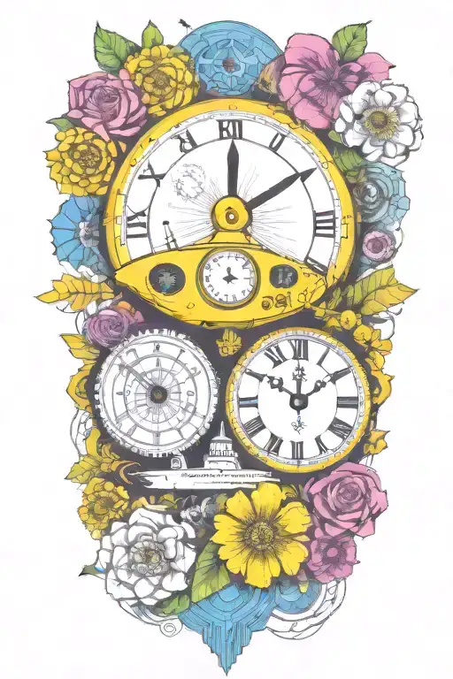 yellow submarine with colorful flowers and clock and rainbow  tattoo design idea