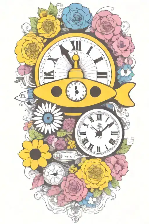 yellow submarine with colorful flowers and clock and rainbow  tattoo design idea