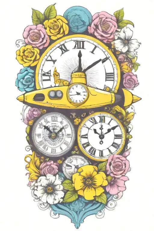 yellow submarine with colorful flowers and clock and rainbow  tattoo design idea
