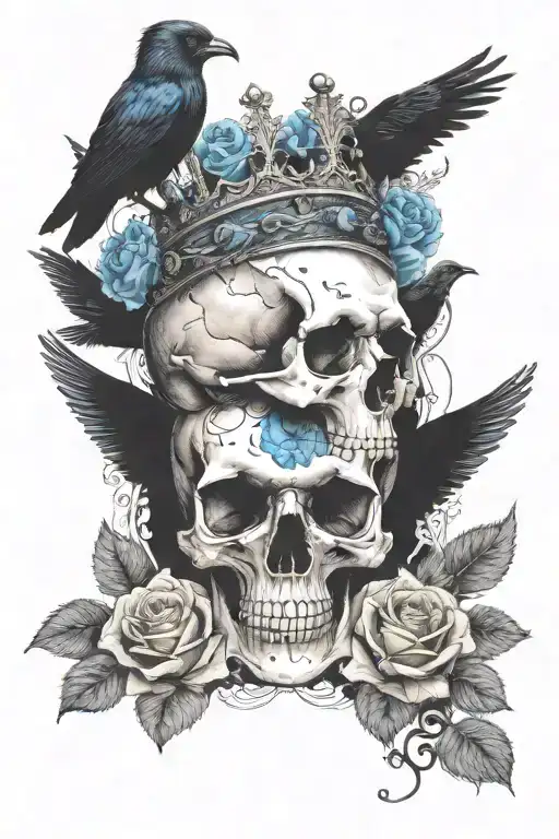 skull wearing crown with raven on headand blue roses intertwined tattoo design idea