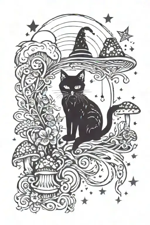 witch cat with moon and stars and colorful mushrooms trippy  tattoo design idea