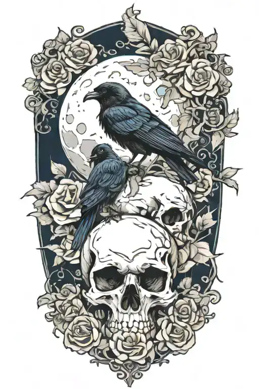 moon and raven perched on a skull with blue roses  tattoo design idea