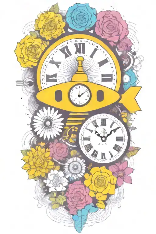 yellow submarine with colorful flowers and clock and rainbow  tattoo design idea