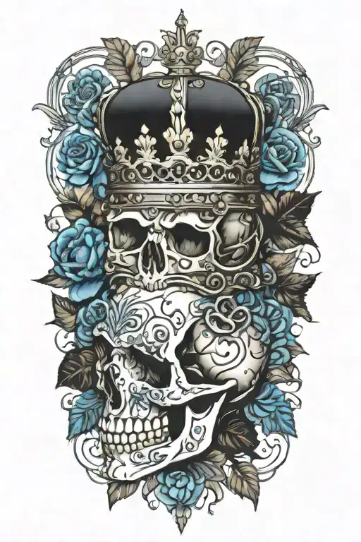 skull wearing crown with raven on skull and blue roses tattoo design idea