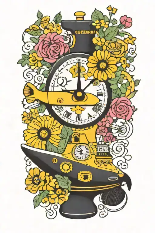 yellow submarine with flowers and clock tattoo design idea