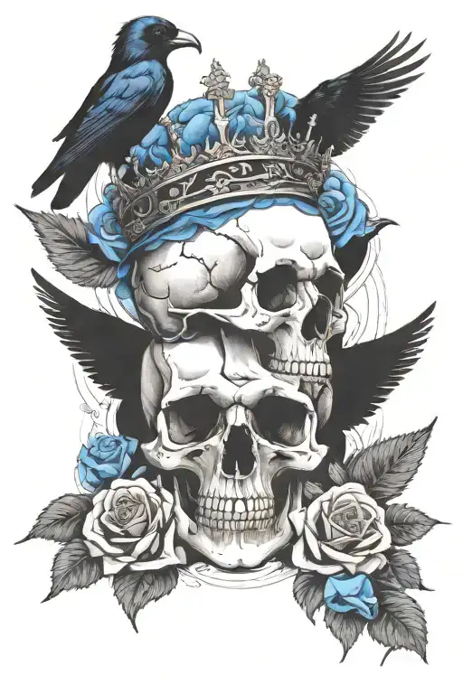 skull wearing crown with raven on headand blue roses intertwined tattoo design idea