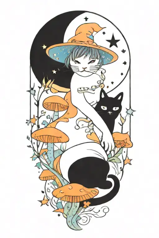 witch cat with moon and stars and colorful mushrooms and bats tattoo design idea
