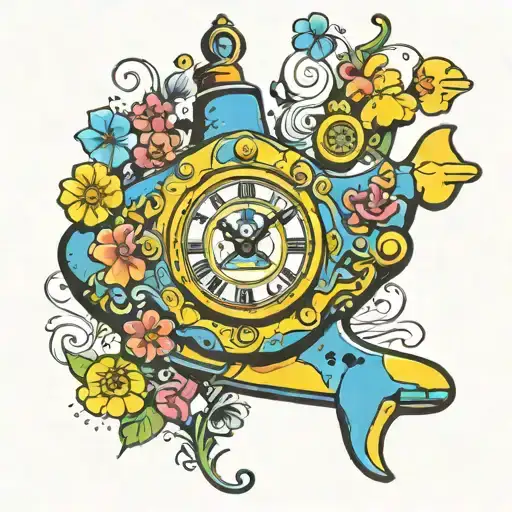yellow submarine with flowers colorful and clocks tattoo design idea