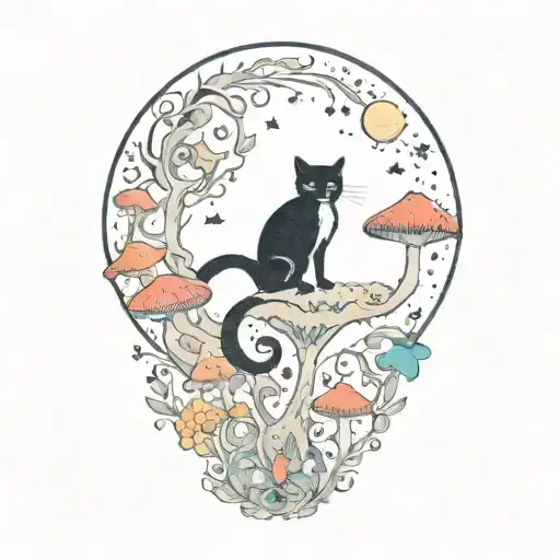 moon with black cat and colorful mushrooms tattoo design idea