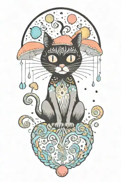 black cat with 3 eye balls and trippy colorful mushrooms with moon melting  tattoo design idea