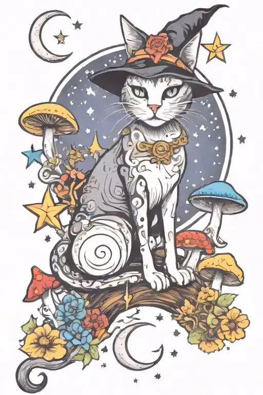 witch cat with moon and stars and colorful mushrooms trippy  tattoo design idea