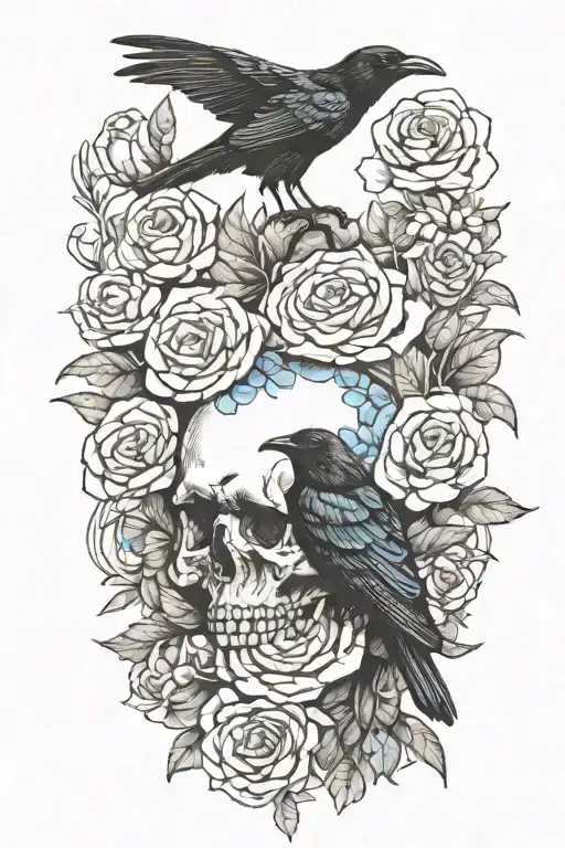 raven on skull with blue roses tattoo design idea
