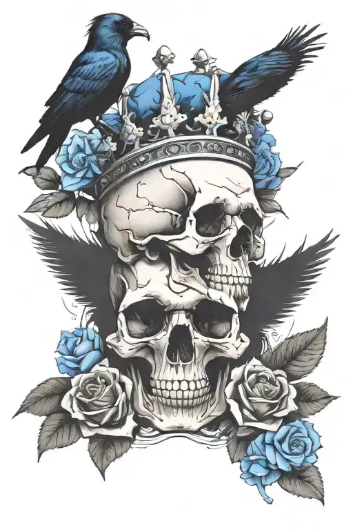 skull wearing crown with raven on headand blue roses intertwined tattoo design idea