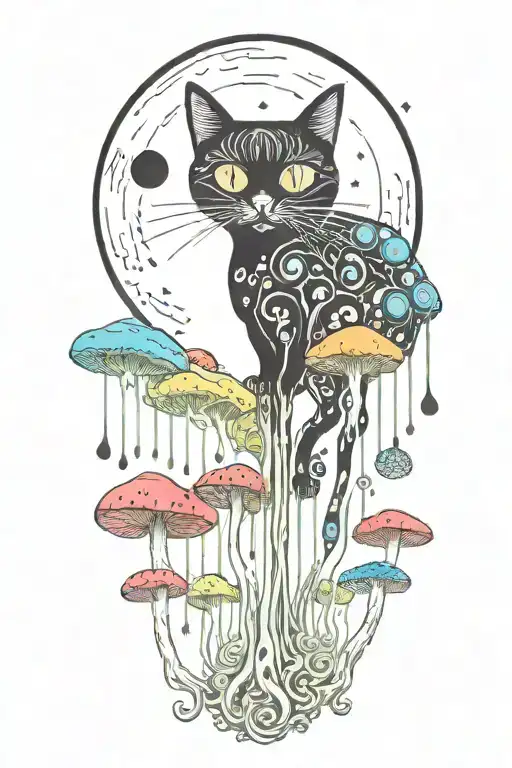 black cat with 3 eye balls and trippy colorful mushrooms with moon melting  tattoo design idea