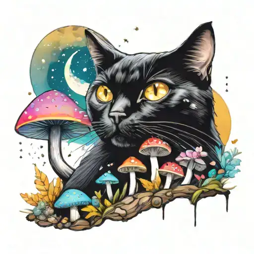 black cat and colorful mushrooms with moon and stars tattoo design idea