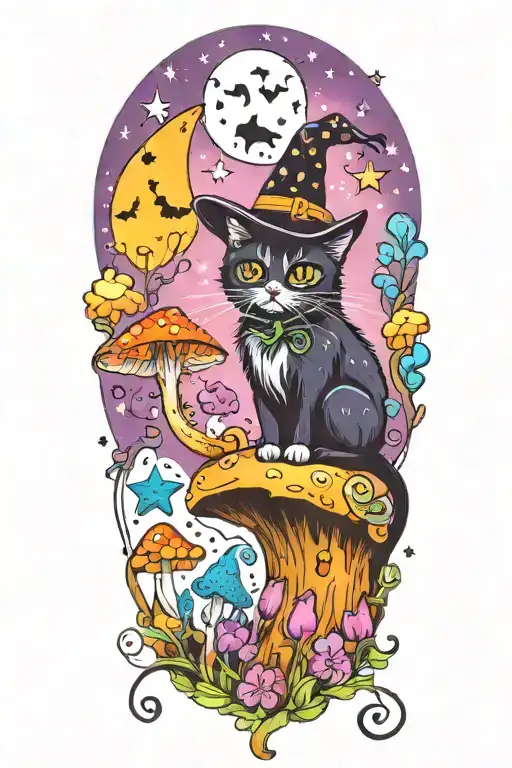 witch cat with moon and stars and colorful mushrooms and bats tattoo design idea