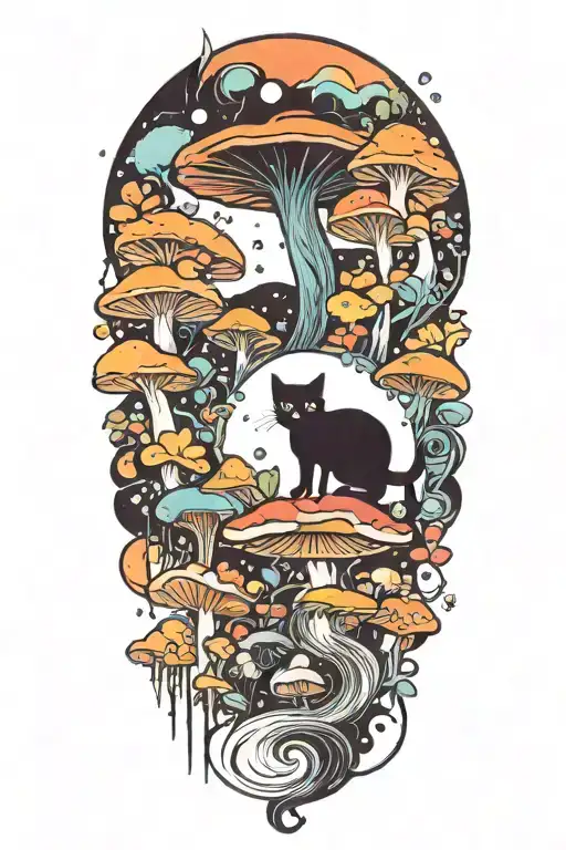 black cat and trippy colorful mushrooms with moon melting  tattoo design idea