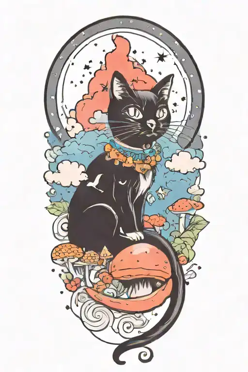 black cat with colorful mushrooms and crescent moon and clouds and stars tattoo design idea