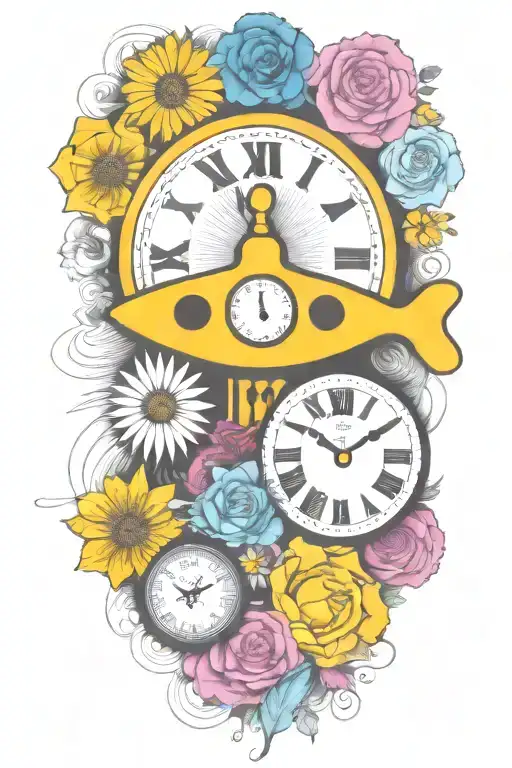 yellow submarine with colorful flowers and clock and rainbow  tattoo design idea