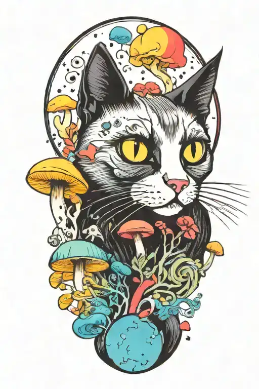 black cat with 3 eyes and trippy colorful mushrooms with moon melting  tattoo design idea