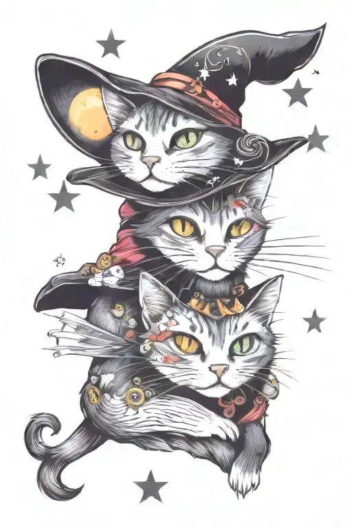 witch cat with moon and stars and colorful mushrooms trippy  tattoo design idea