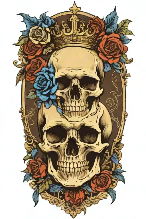 skull wearing crown with raven and blue roses tattoo design idea